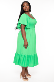 H & H FASHION Dresses Plus Size Lany  Smocked Midi Dress - Green