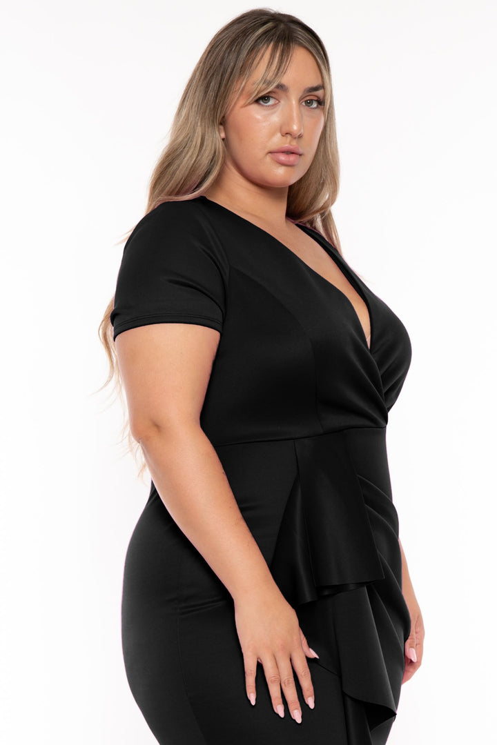 Curvy Sense Dresses Plus Size Laree  Drape Front   Dress- Black