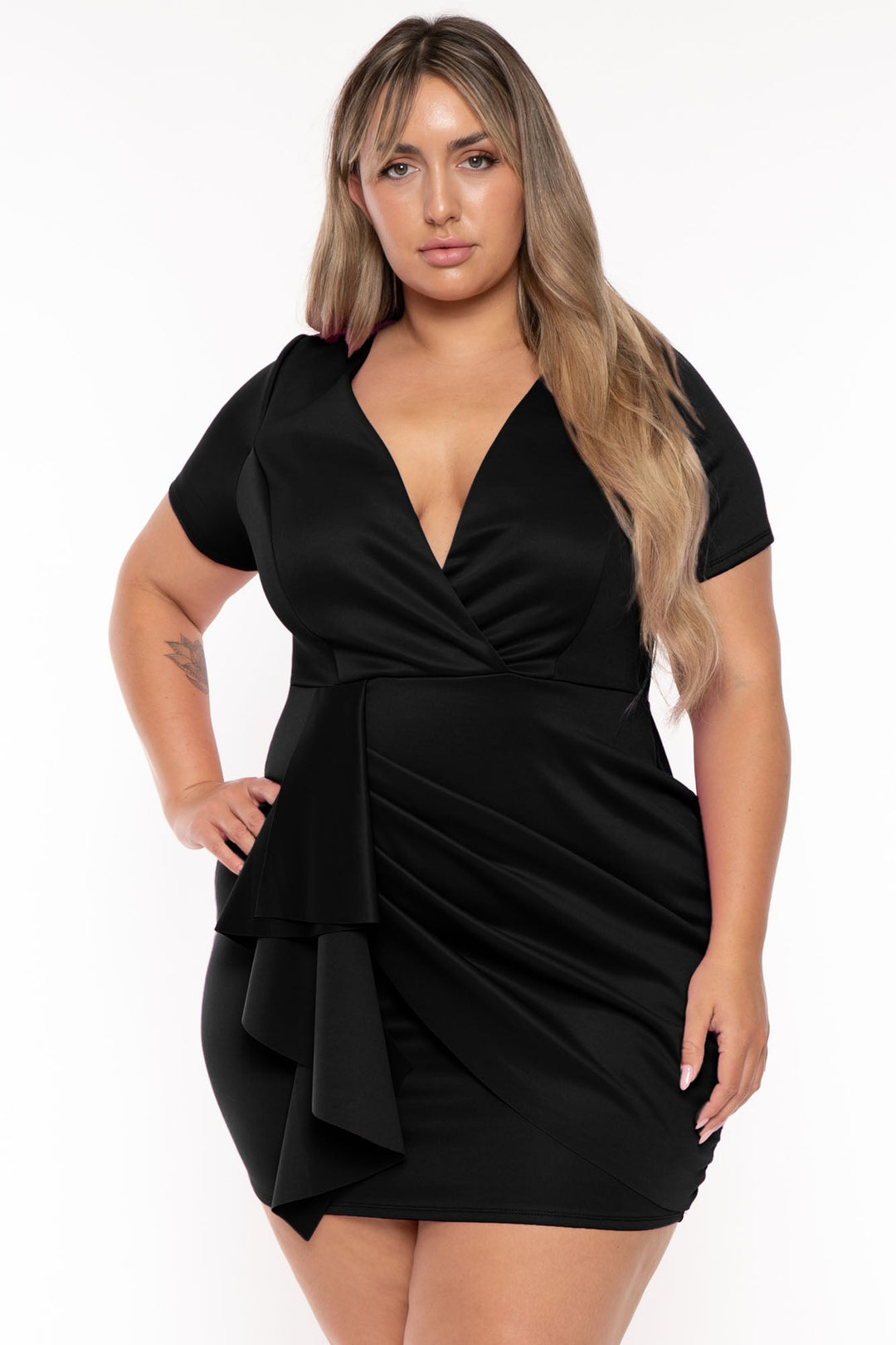 Curvy Sense Dresses Plus Size Laree  Drape Front   Dress- Black