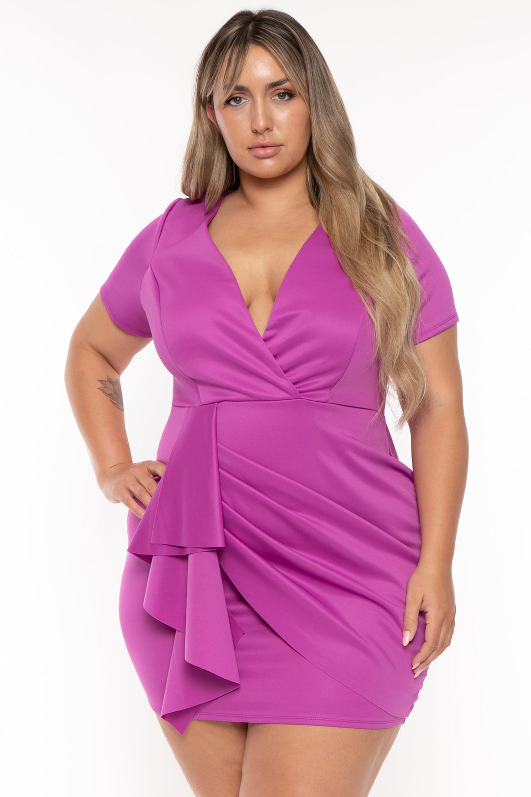 Curvy Sense Dresses Plus Size Laree  Drape Front   Dress-Purple