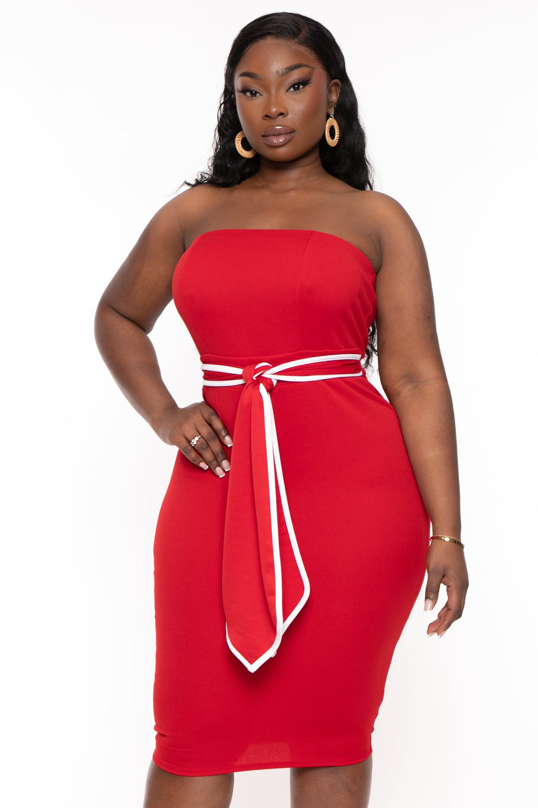 Plus Size Larisa Strapless Midi Dress- Red