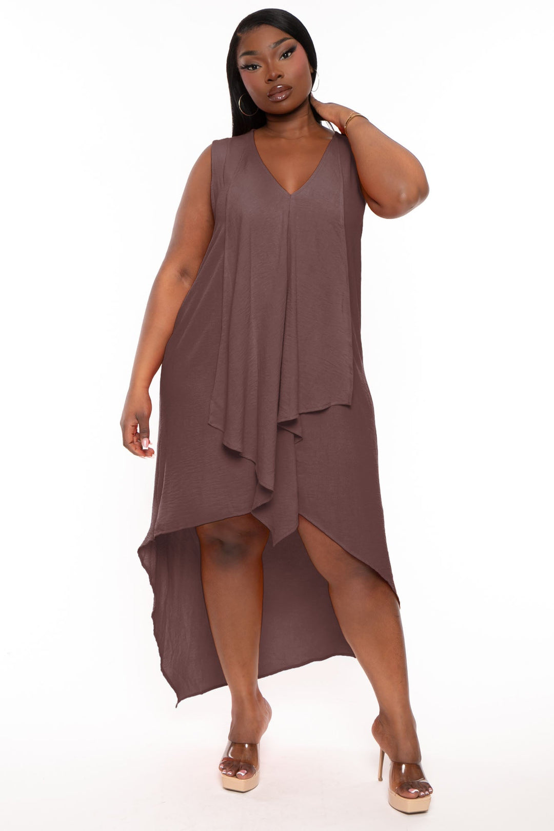 Jade by Jane Dresses 1X / Brown Plus Size Lattise Front Draped   Dress - Brown