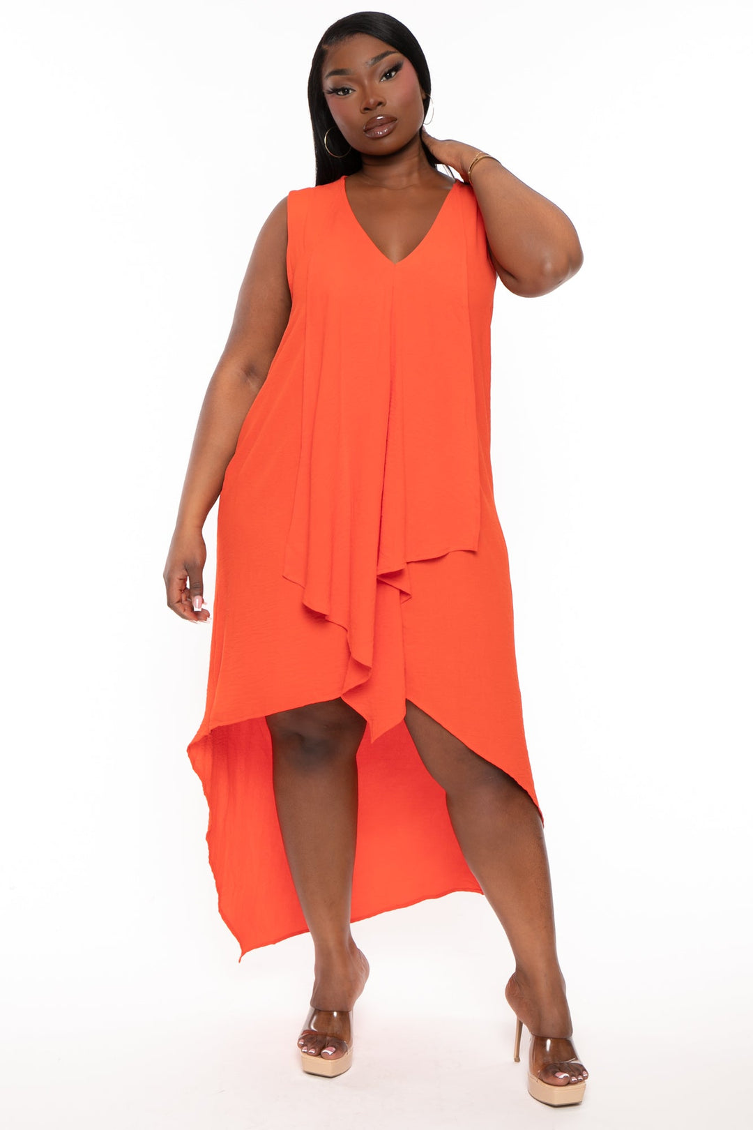 Jade by Jane Dresses 1X / Orange Plus Size Lattise Front Draped   Dress - Orange