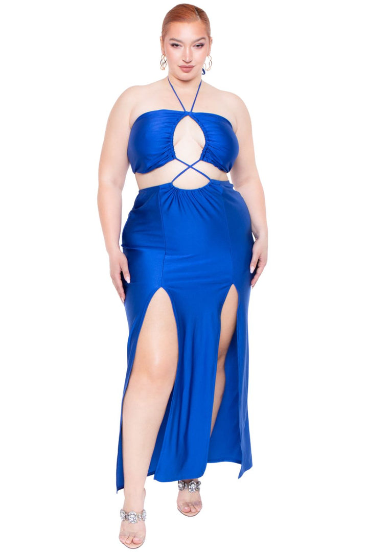 Curvy Sense Dresses Plus Size Layana Double Slit Dress- Blue