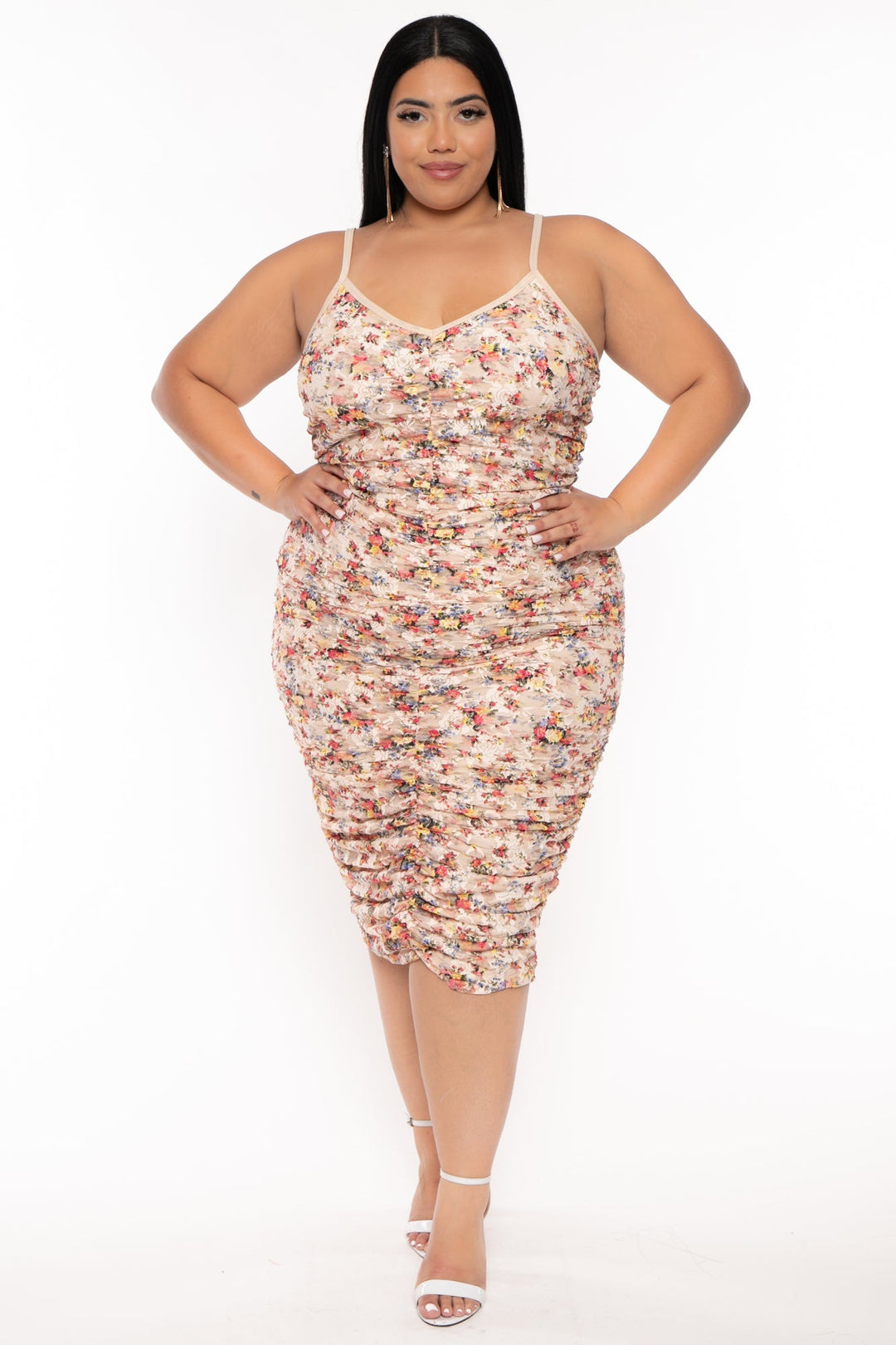 Curvy Sense Dresses Plus Size Leia Floral  Mesh Ruched Dress - Beige