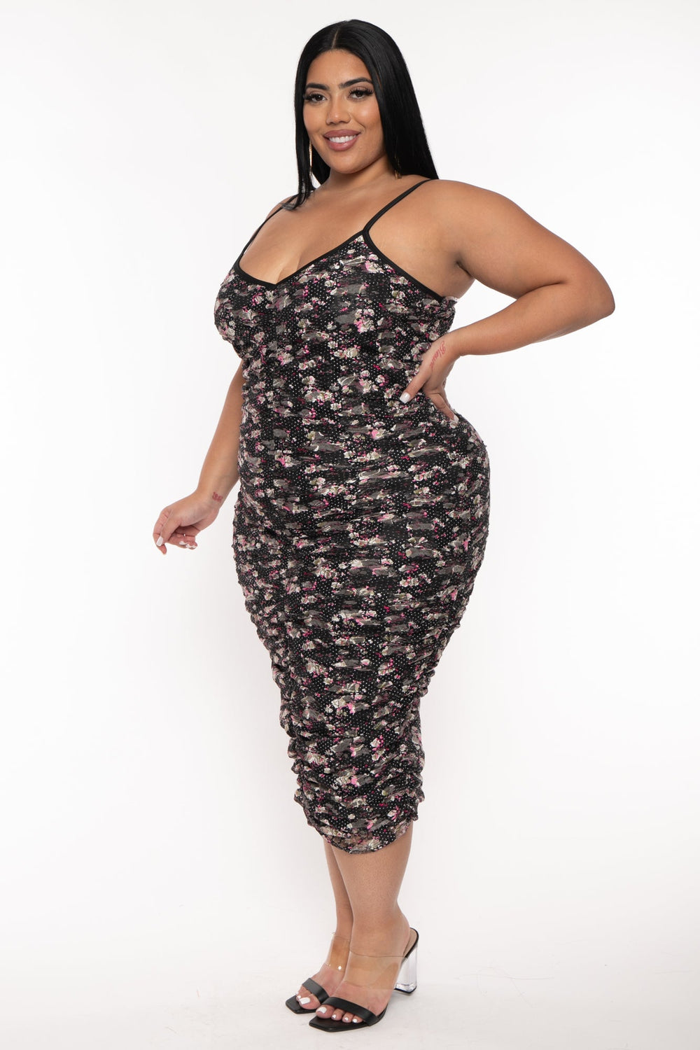 Curvy Sense Dresses Plus Size Leia Floral  Mesh Ruched Dress - Black
