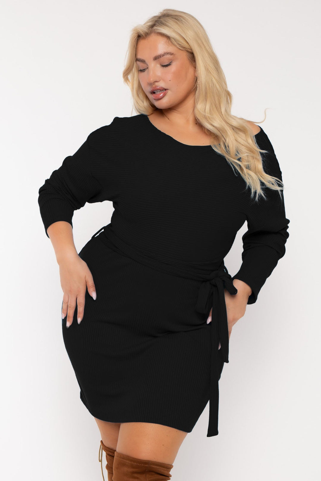 Plus Size Leila Off Shoulder Dress - Black M / Black at Curvy Sense Plus Size Leila Off Shoulder Dress - Black M / Black at Curvy Sense