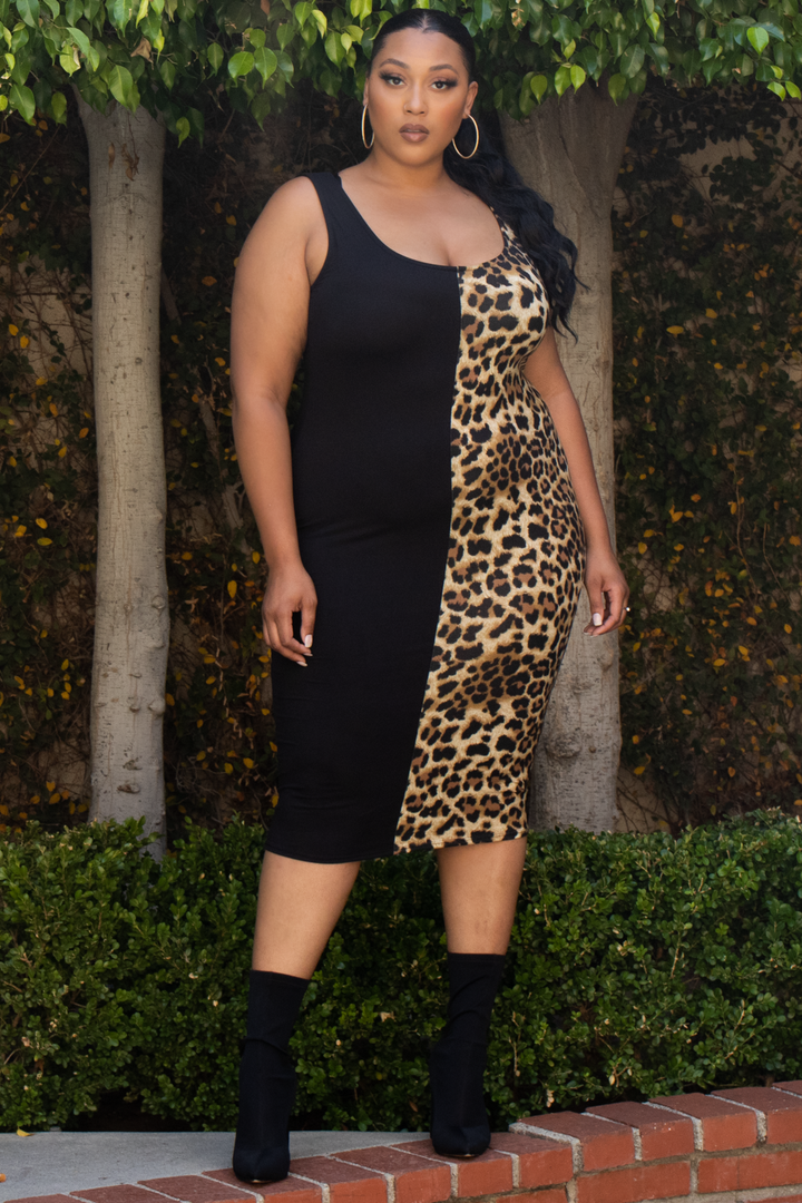 Curvy Sense Dresses 1X / Black Plus Size Leopard Half & Half Tank Bodycon Dress- Black