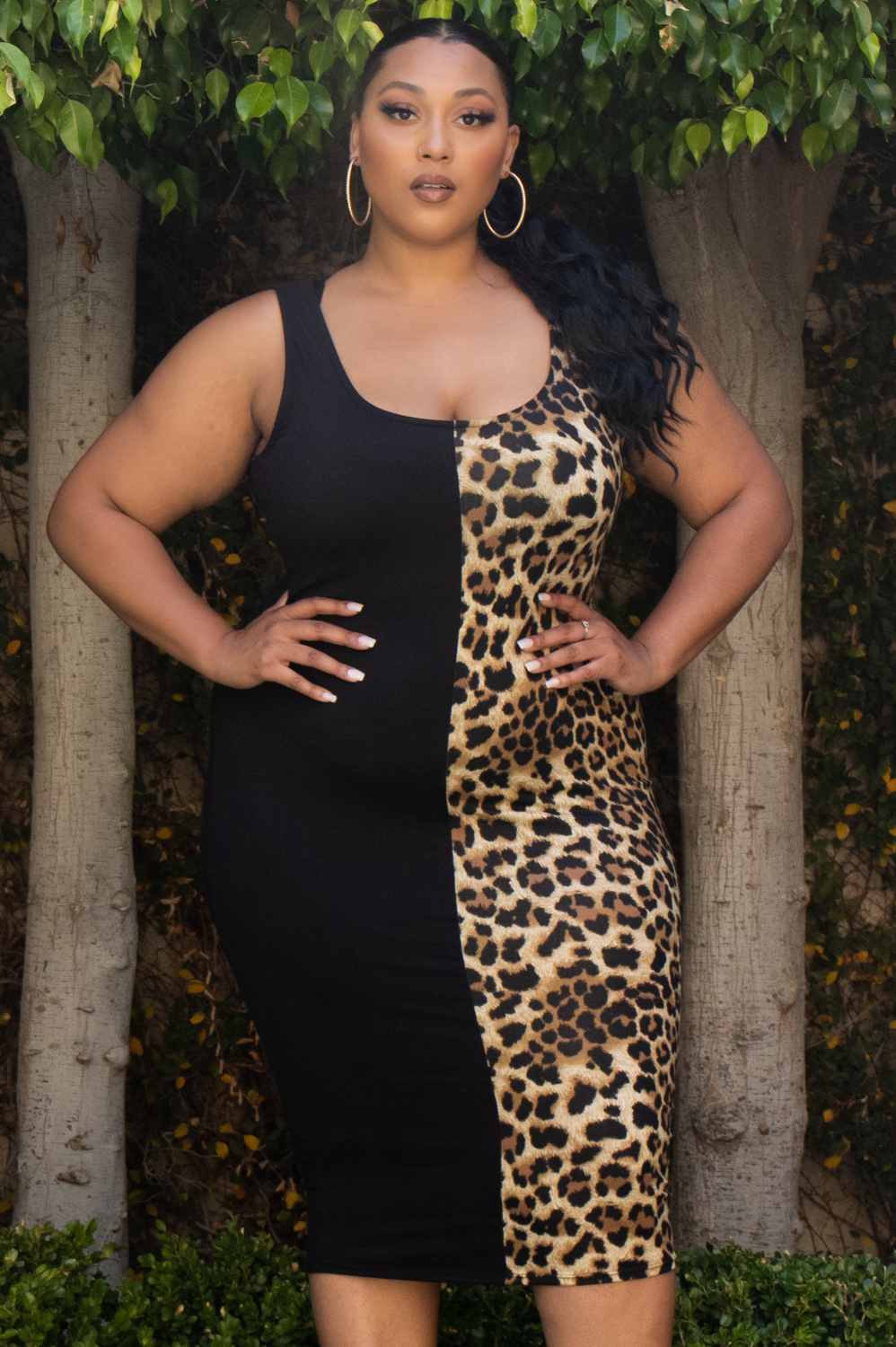 Curvy Sense Dresses Plus Size Leopard Half & Half Tank Bodycon Dress- Black