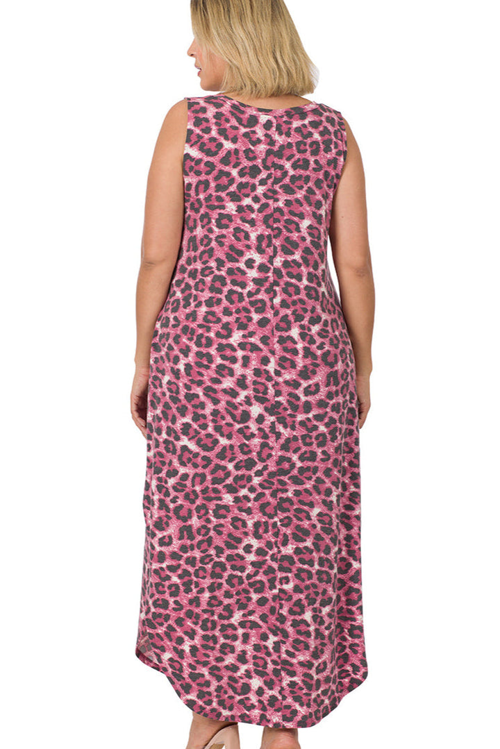 ZENANA Dresses Plus Size Leopard  Maxi T-Shirt Dress - Cranberry