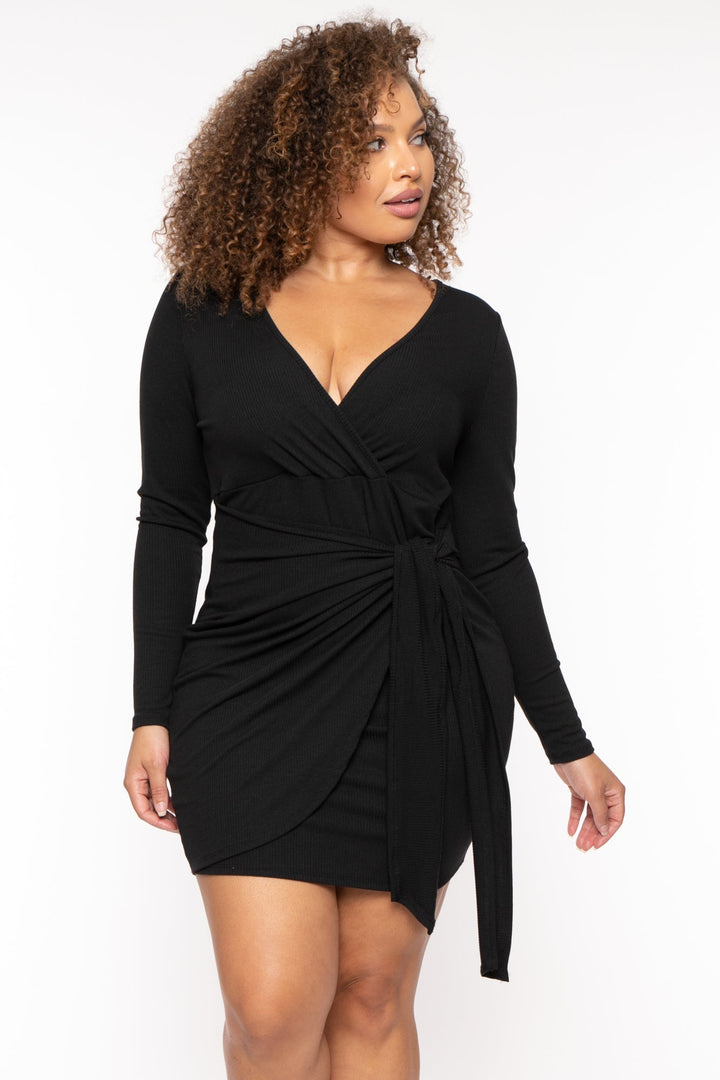 Curvy Sense Dresses 1X / Black Plus Size Letty Ribbed Front Knot Dress - Black