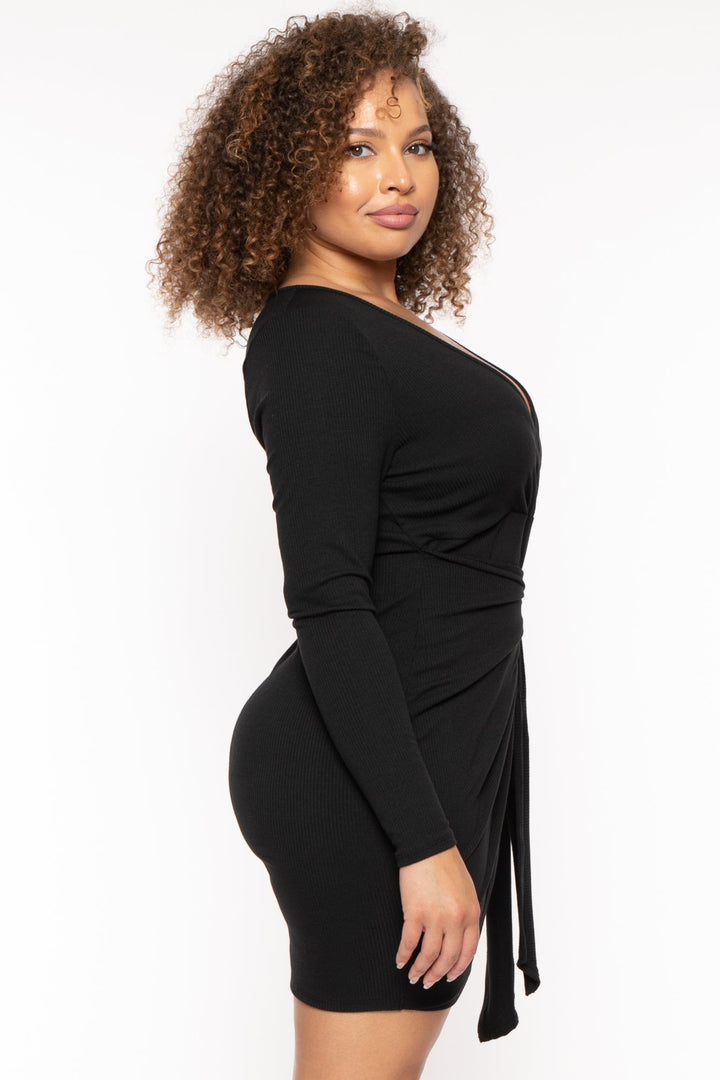 Curvy Sense Dresses Plus Size Letty Ribbed Front Knot Dress - Black
