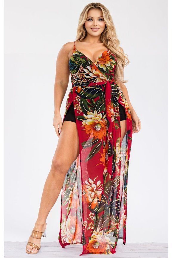 Gibiu Dresses Plus Size Letty  Tropical Print Sun dress- Red