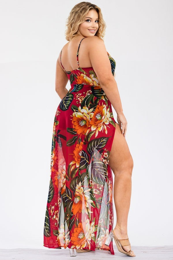 Gibiu Dresses Plus Size Letty  Tropical Print Sun dress- Red