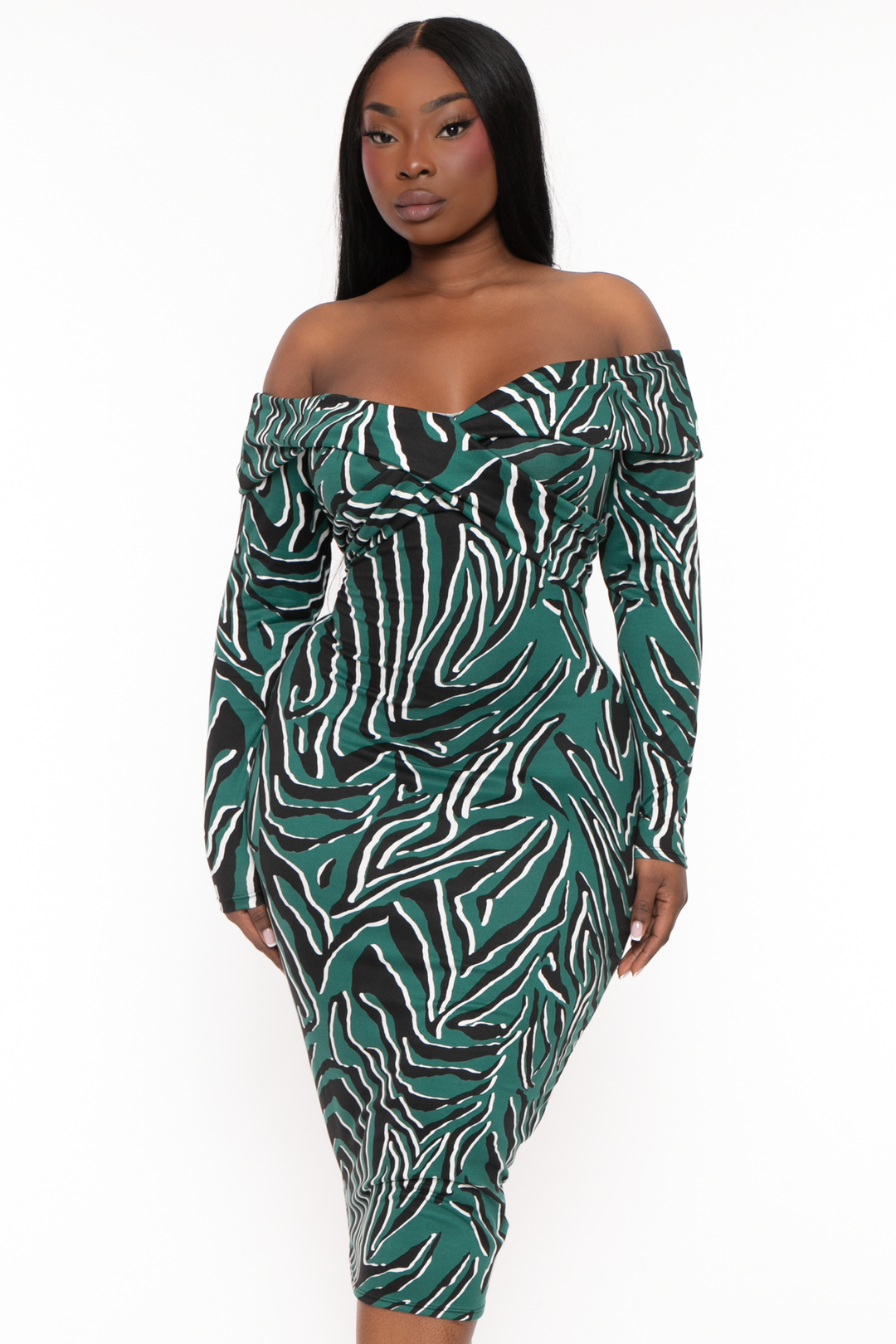 Curvy Sense Dresses Plus Size Lidy Printed Midi Dress- Green