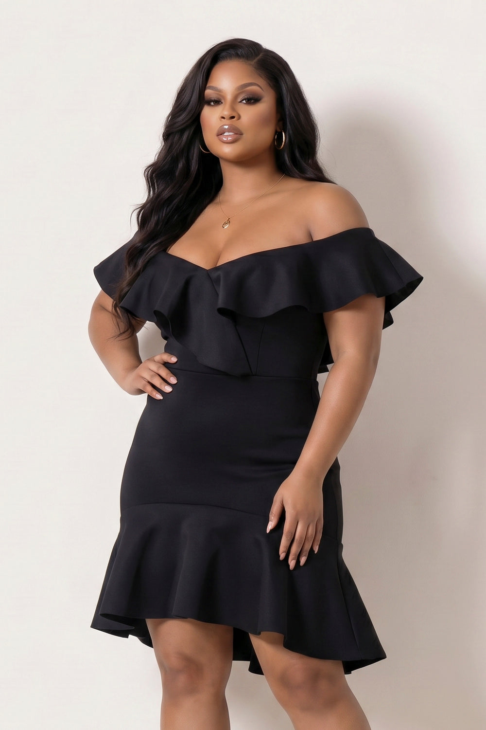 Va Va Voom Dresses Plus Size Liesel Ruffle Dress- Black