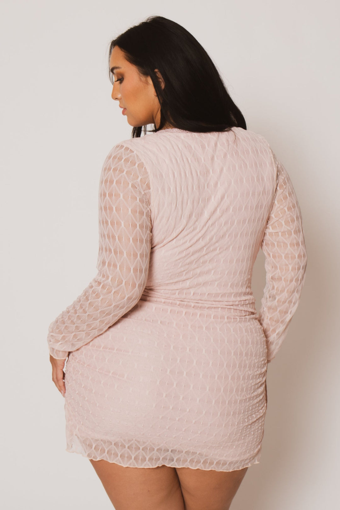 Curvy Sense Dresses Plus Size Lila Mesh Ruched Mini Dress - Blush