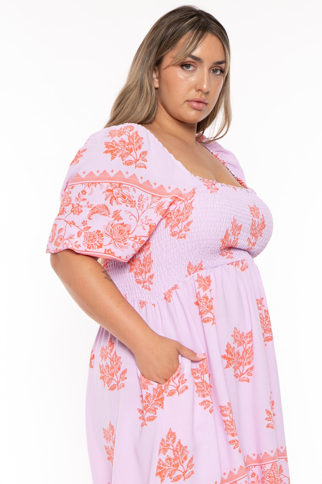 HAPTICS Dresses Plus Size Lilah  Floral  Smocked  Dress  -Lavender