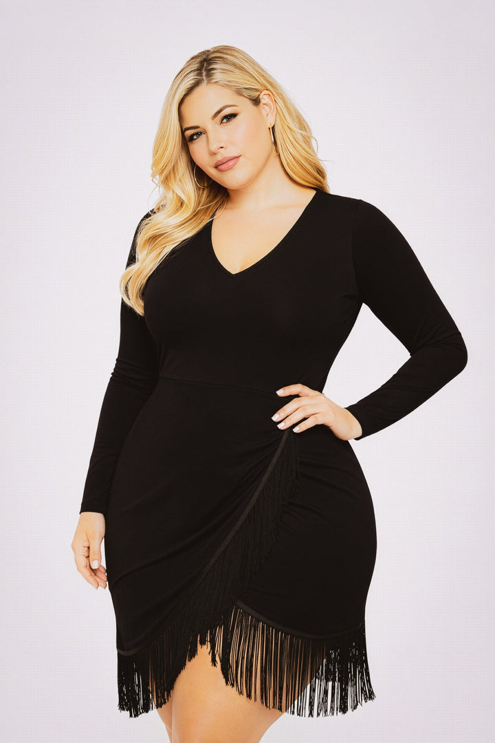 Curvy Sense Inc. Dresses Plus Size Lindecita Fringe Dress - Black