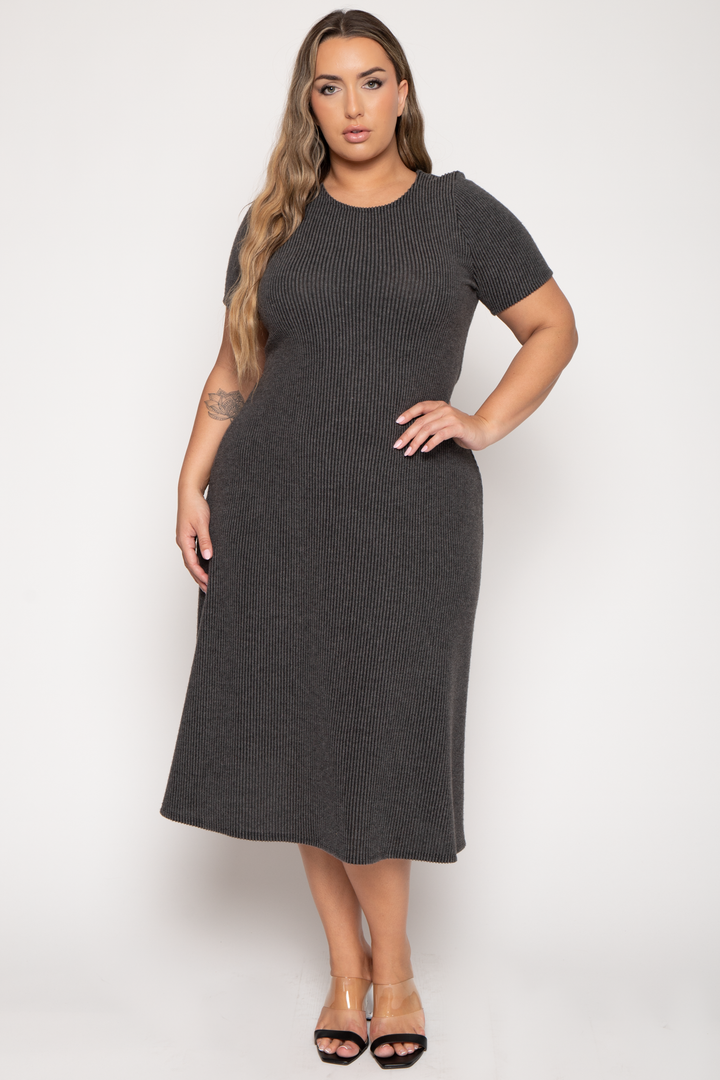 Curvy Sense Dresses Plus Size Liora Rib Sweater Dress -Charcoal