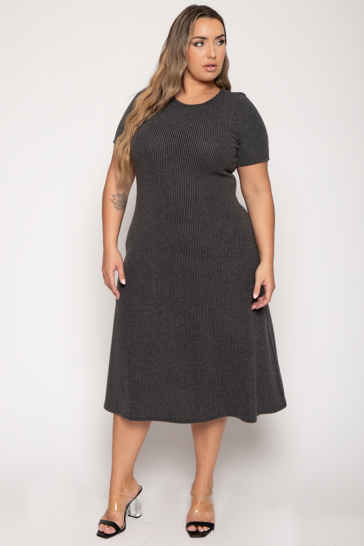 Curvy Sense Dresses Plus Size Liora Rib Sweater Dress -Charcoal