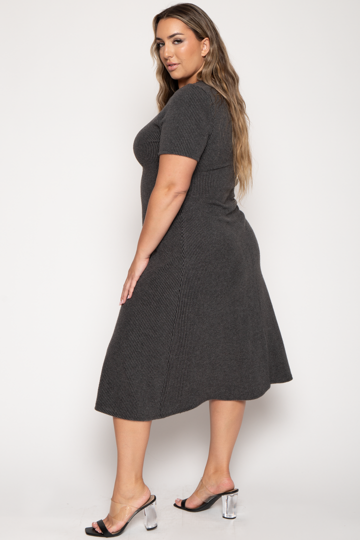 Curvy Sense Dresses Plus Size Liora Rib Sweater Dress -Charcoal