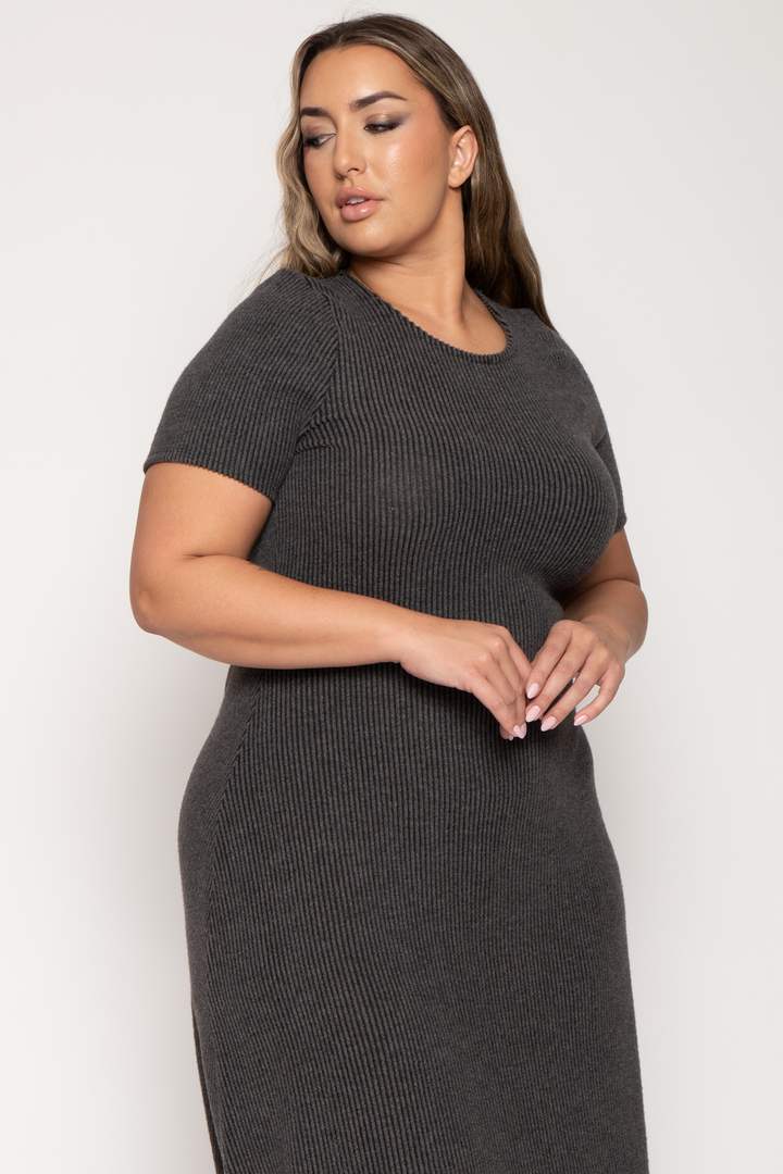 Curvy Sense Dresses Plus Size Liora Rib Sweater Dress -Charcoal