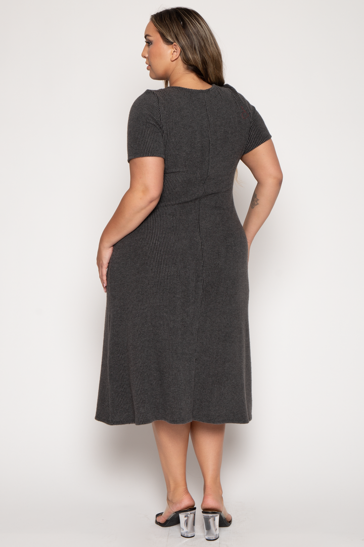 Curvy Sense Dresses Plus Size Liora Rib Sweater Dress -Charcoal