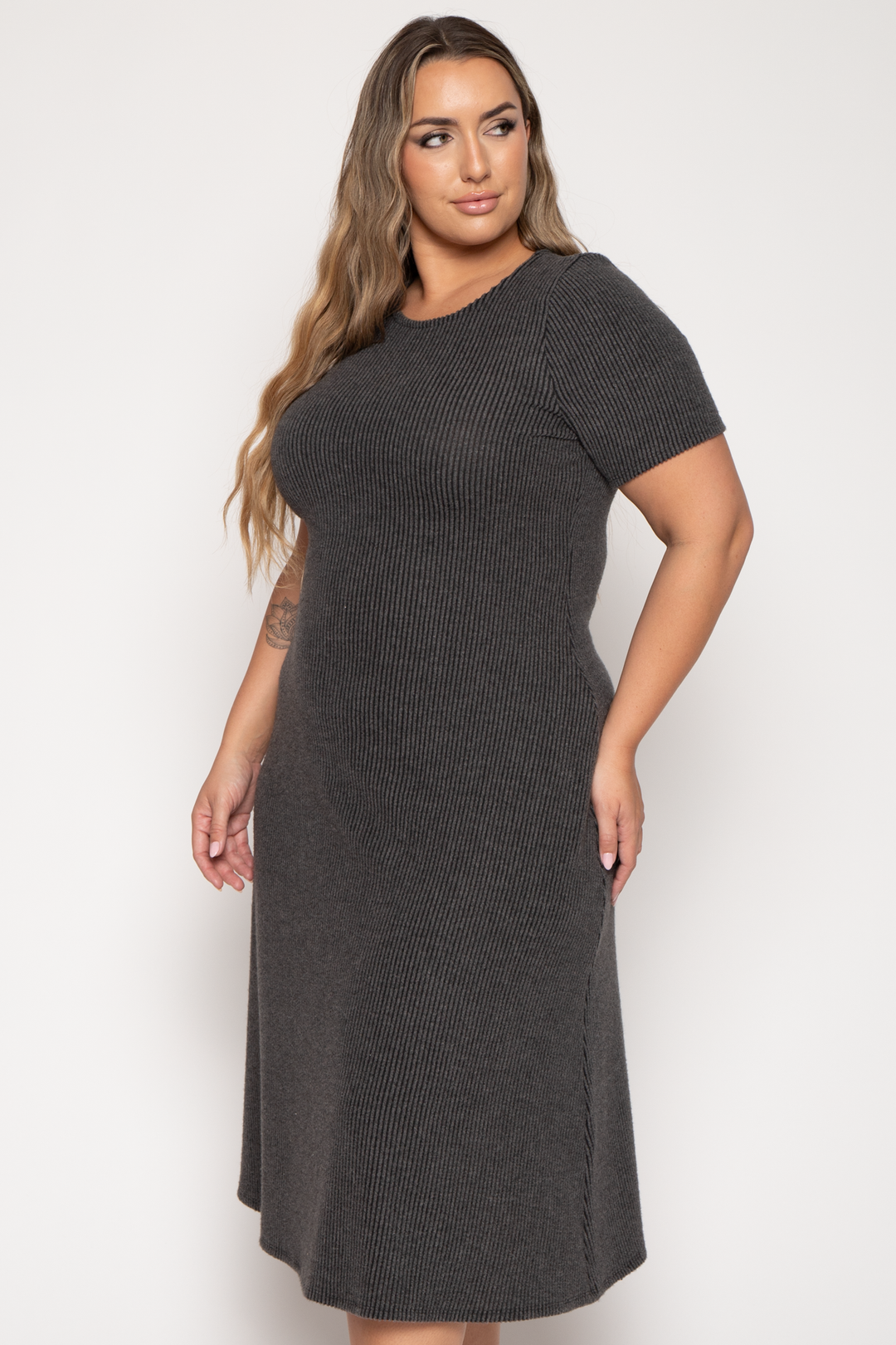 Curvy Sense Dresses Plus Size Liora Rib Sweater Dress -Charcoal