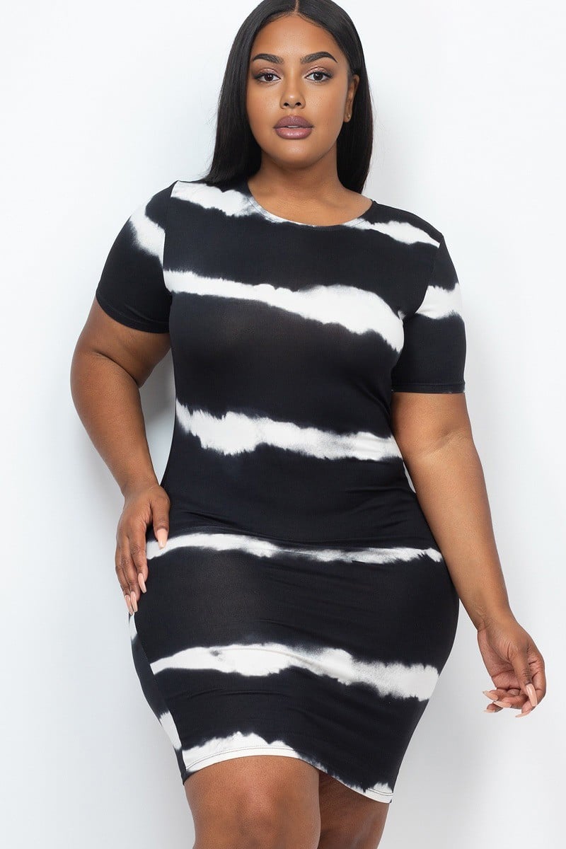 Capella Dresses Plus Size Lisa Tie Dye short sleeve mini Dress - Black