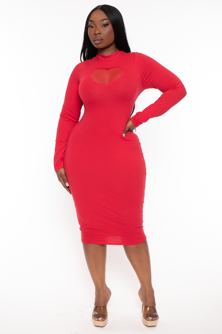 Curvy Sense Dresses 1X / Red Plus Size Lovey Heart Cut Out Dress - Red