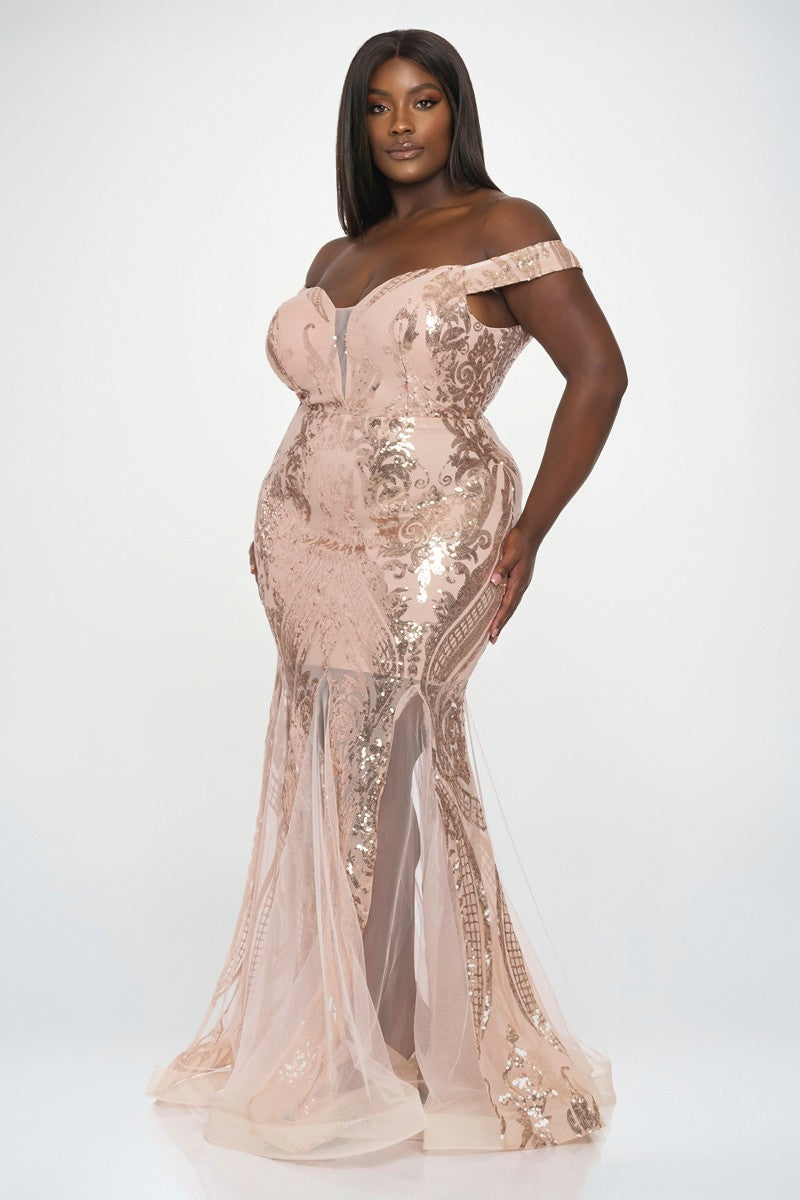 RICARICA Dresses Plus Size Lucia Off the shoulder Velvet Sequin Gown - Champagne