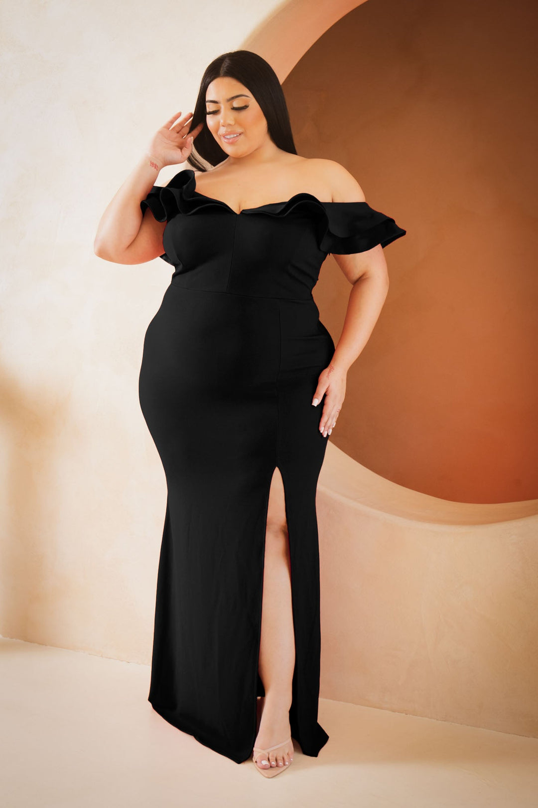 Symphony Dresses 1X / Black Plus Size Lucienne Ruffle Maxi Gown  Dress- Black