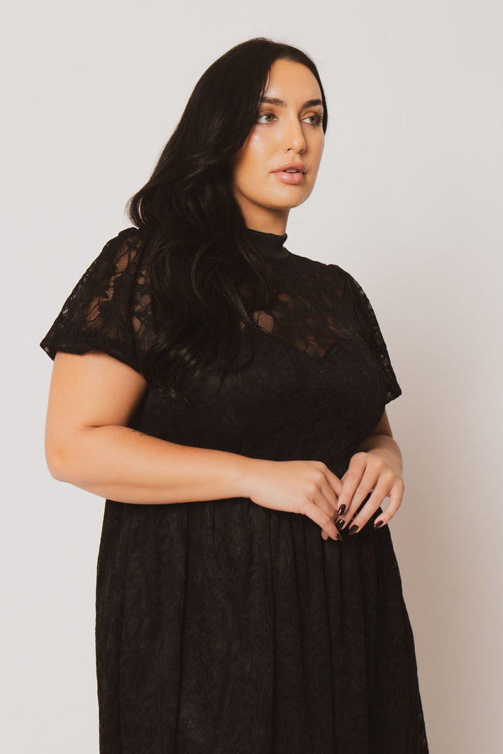 Curvy Sense Dresses Plus Size Luna Lace Mock Neck Dress - Black