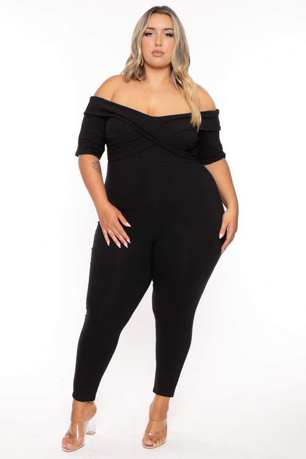 Curvy Sense Dresses 1X / Black Plus Size Lydia Off the Shoulder Jumpsuit- Black