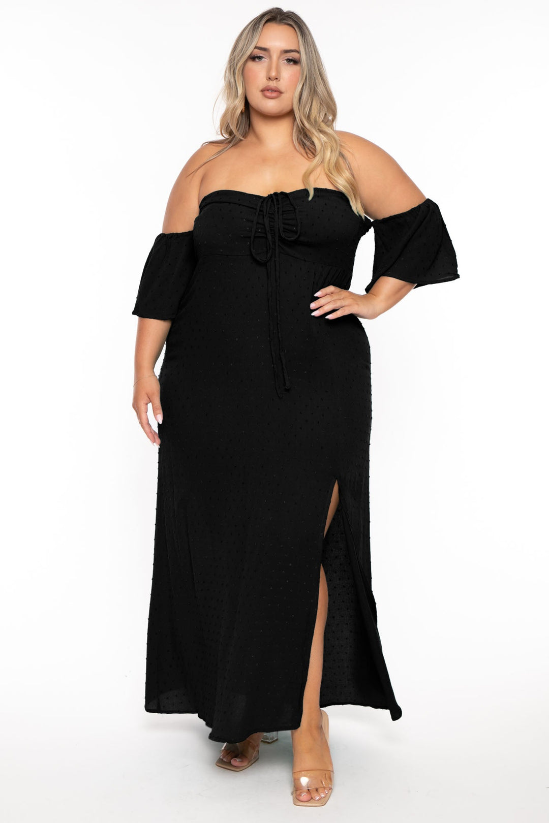 CULTURE CODE Dresses 1X / Black Plus Size Magalie Swiss Dot  Maxi  Dress - Black