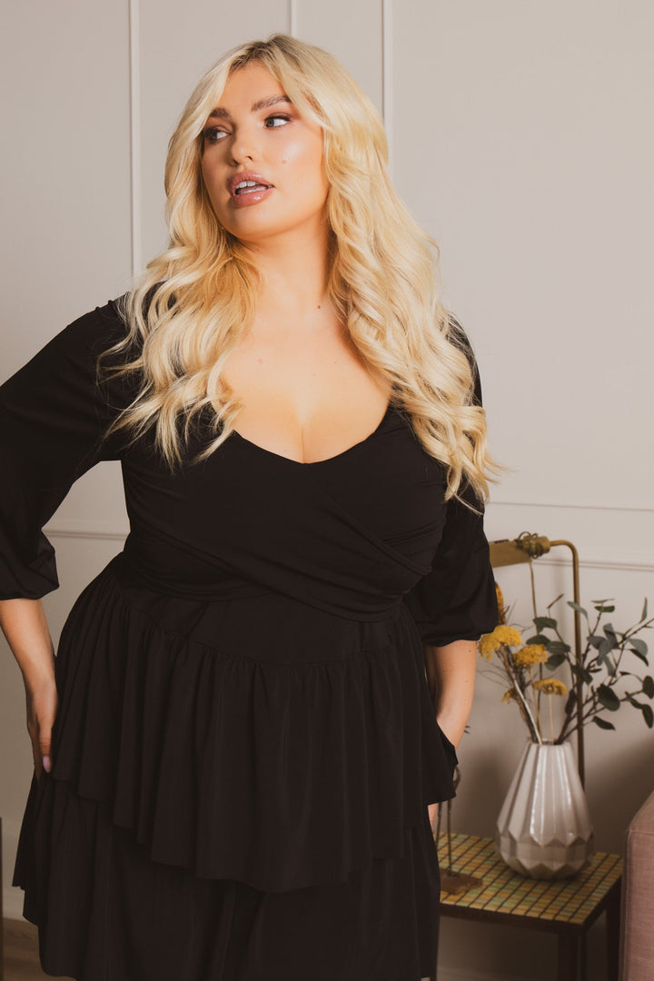 Curvy Sense Dresses Plus Size Maggie Cross Wrap Mini Dress- Black