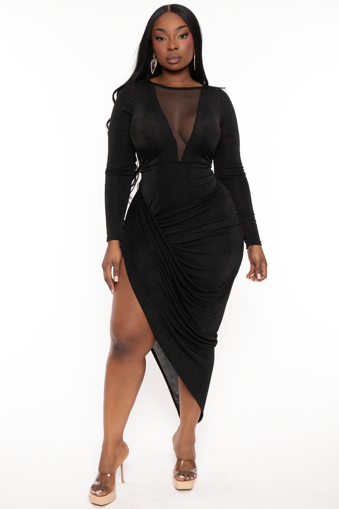 Curvy Sense Dresses 1X / Black Plus Size Maia Draped Midi  Dress - Black