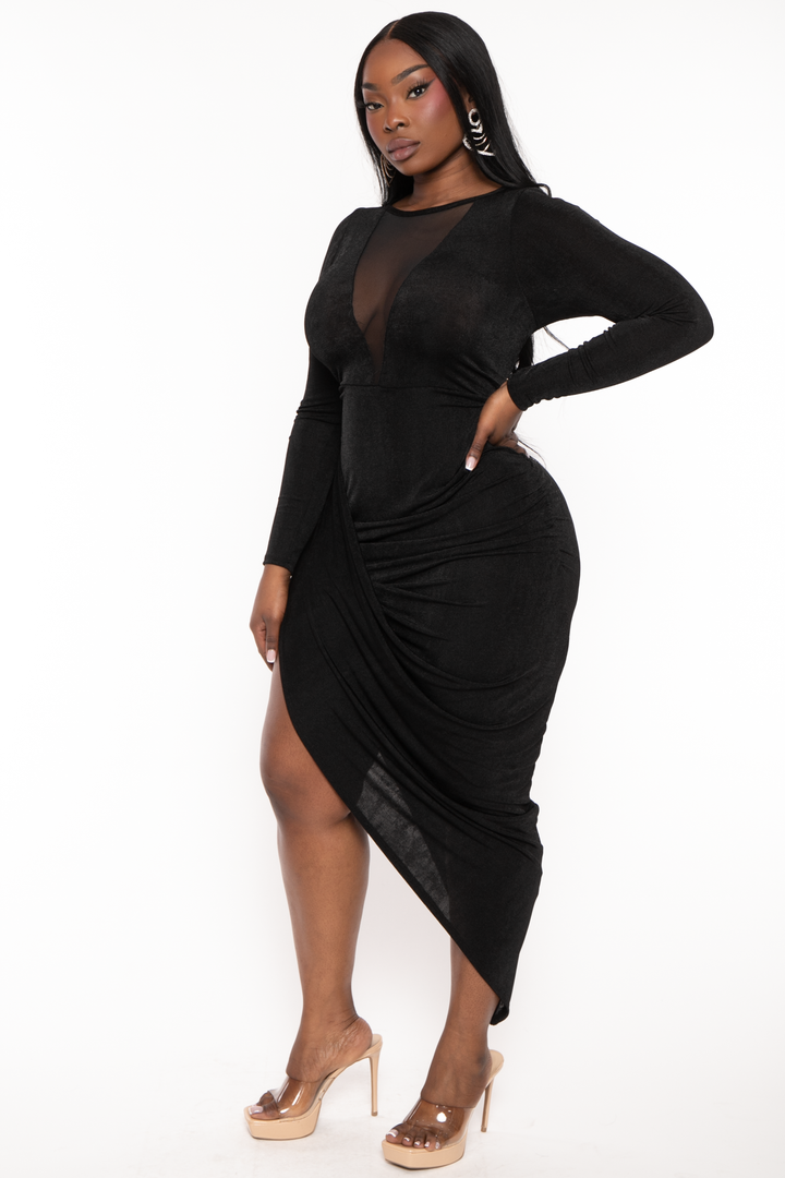 Curvy Sense Dresses Plus Size Maia Draped Midi  Dress - Black