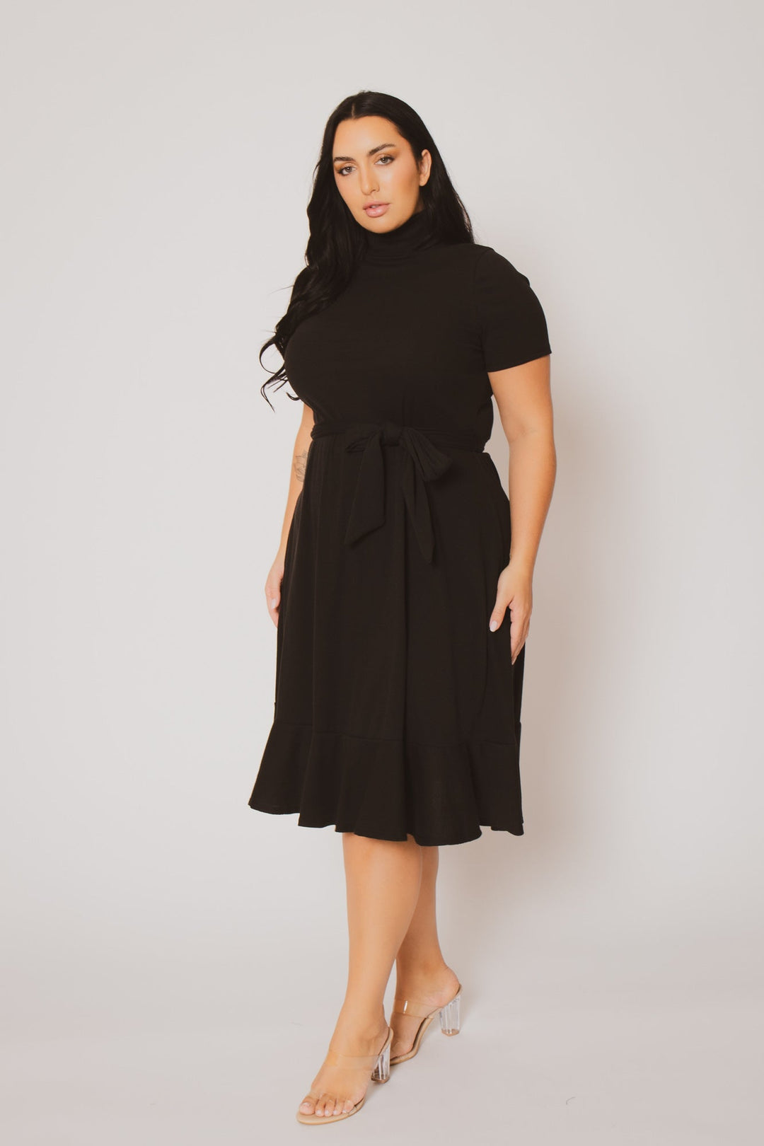 Curvy Sense Dresses Plus Size Maren Turtleneck Ruffle Dress  - Black