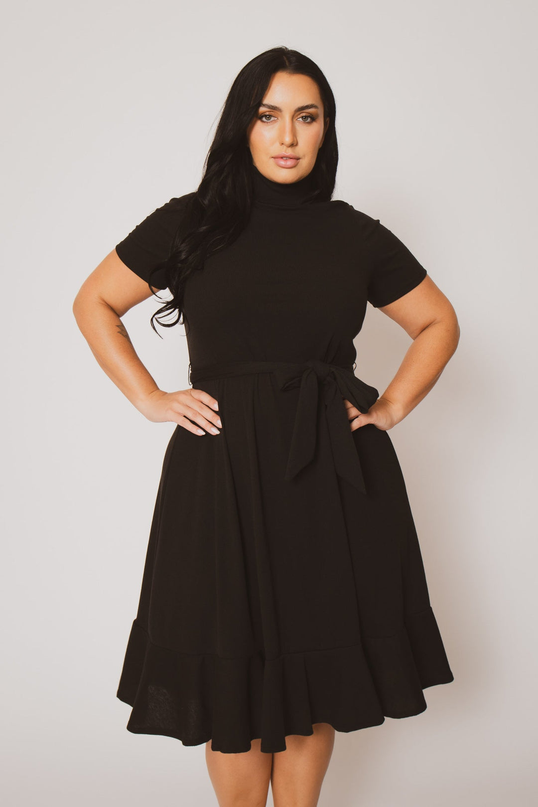 Curvy Sense Dresses Plus Size Maren Turtleneck Ruffle Dress  - Black