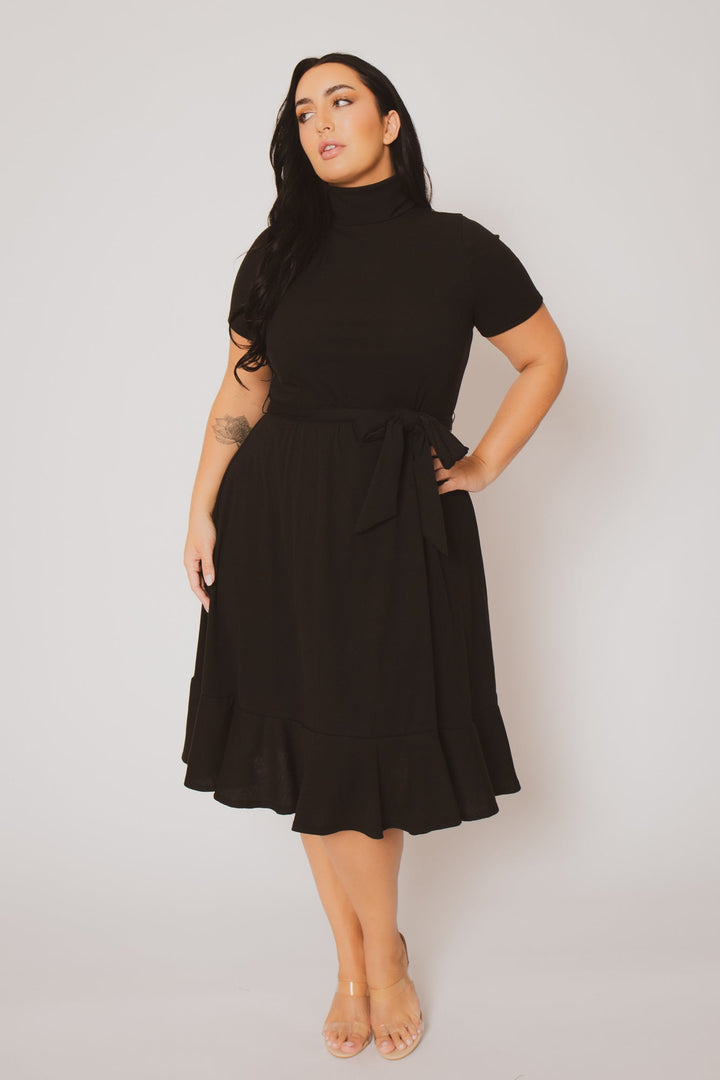 Curvy Sense Dresses Plus Size Maren Turtleneck Ruffle Dress  - Black