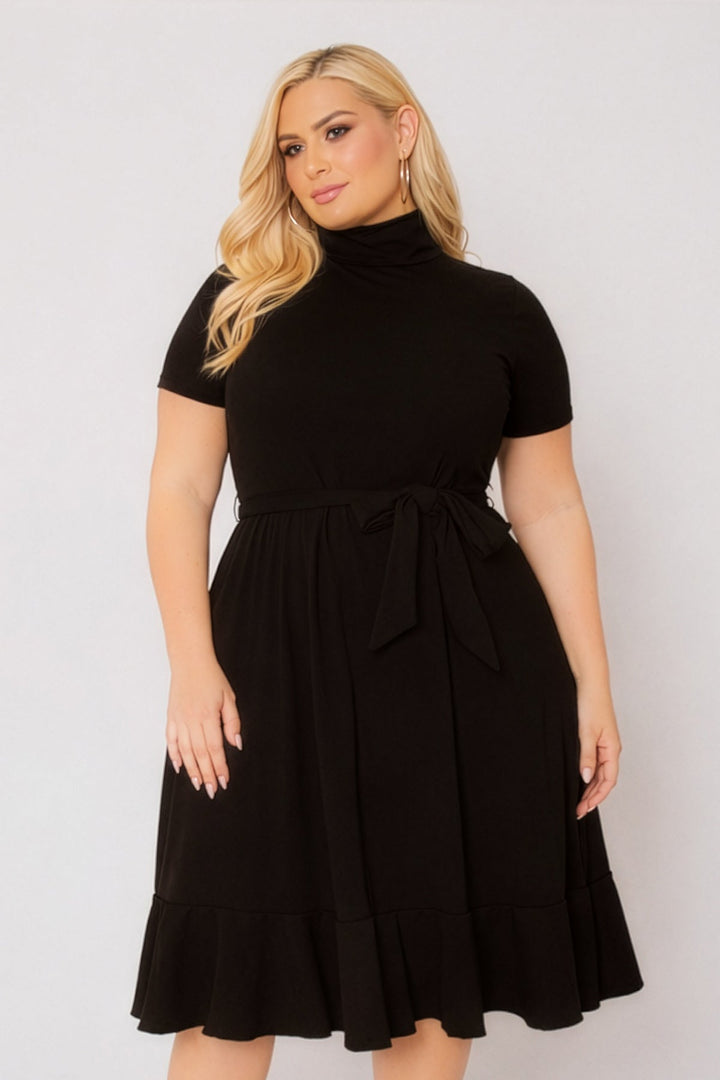 Curvy Sense Inc. Dresses Plus Size Maren Turtleneck Ruffle Dress  - Black