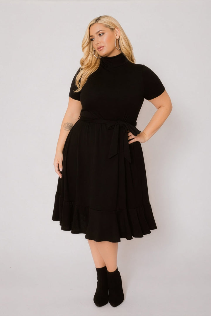 Curvy Sense Inc. Dresses Plus Size Maren Turtleneck Ruffle Dress  - Black