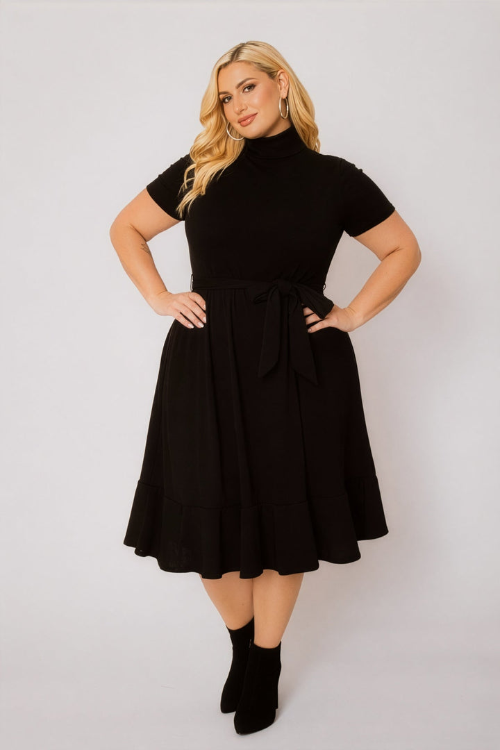 Curvy Sense Inc. Dresses Plus Size Maren Turtleneck Ruffle Dress  - Black
