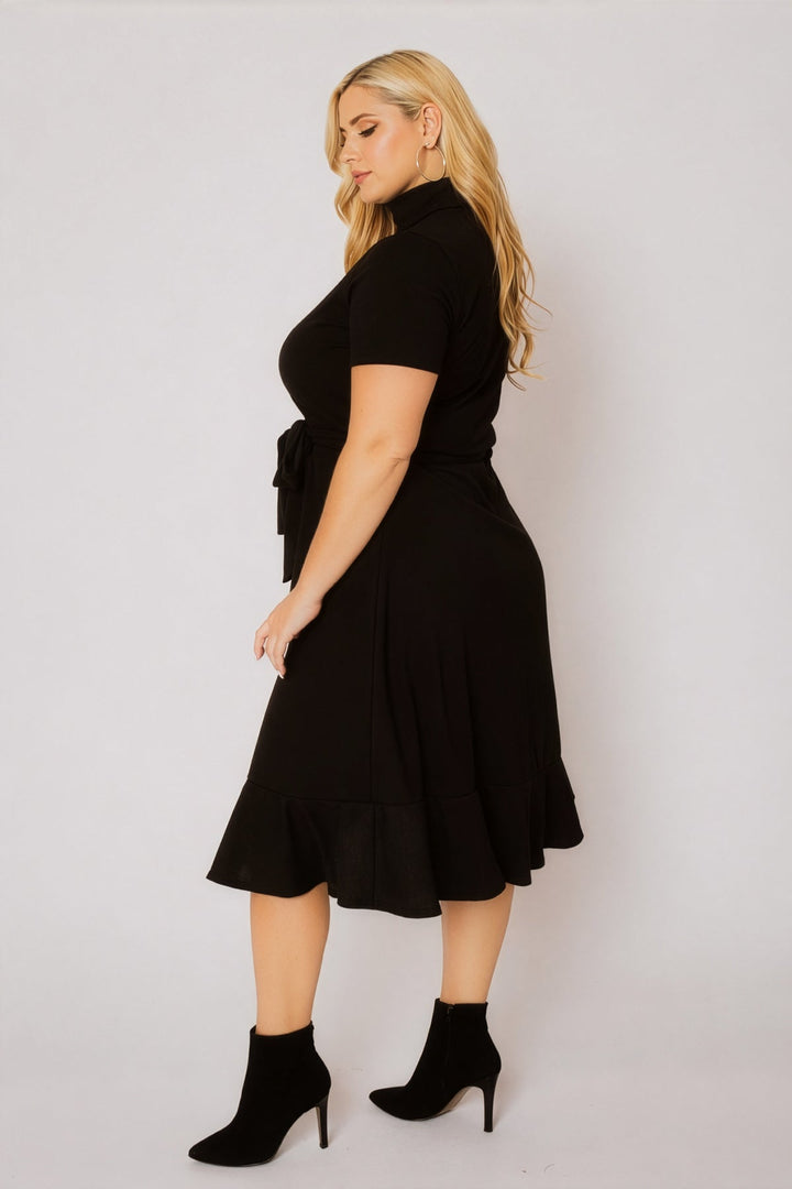 Curvy Sense Inc. Dresses Plus Size Maren Turtleneck Ruffle Dress  - Black
