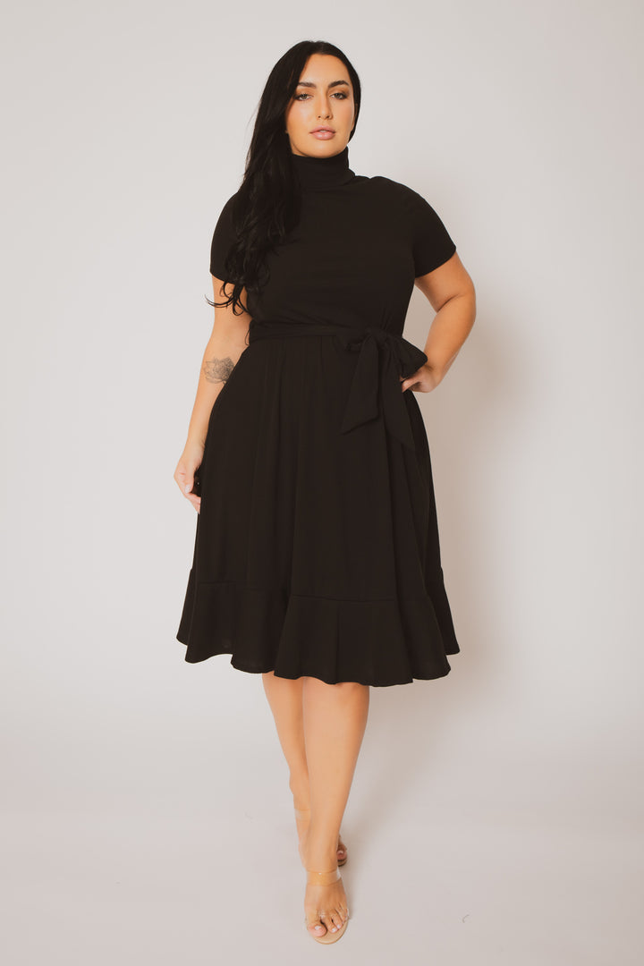 Curvy Sense Inc. Dresses Plus Size Maren Turtleneck Ruffle Dress  - Black