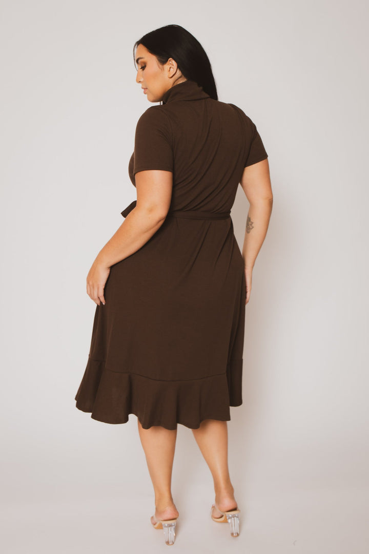 Curvy Sense Dresses Plus Size Maren Turtleneck Ruffle Dress  - Brown