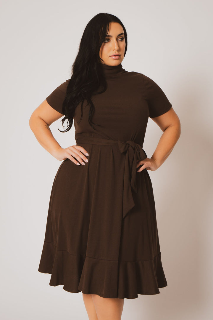 Curvy Sense Dresses Plus Size Maren Turtleneck Ruffle Dress  - Brown