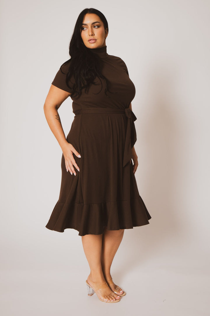 Curvy Sense Dresses Plus Size Maren Turtleneck Ruffle Dress  - Brown